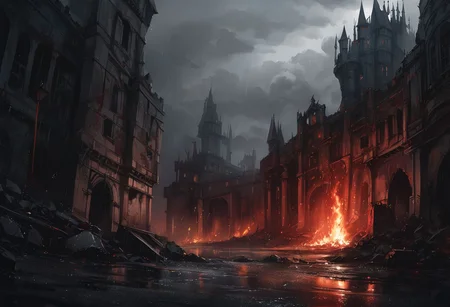 (ultra detailed), (ultra realistic), RAW photo, photorealistic, 8k, high res,lora:add_detail:0.8>, ( dark and gloomy) ,Blood red moon in background, dark thick fog, heavy rain, puddles of blood, lightning and fire, blood rain, clouds shaped like broken hearts, old decrepit castle , background corpses scattered on the ground, background evil souls rising from the ground,