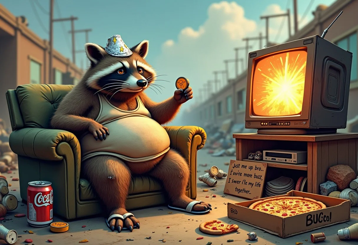 A scruffy, overweight raccoon sits on a shabby couch in the middle of a junkyard, surrounded by piles of trash and random objects. He’s wearing a stained tank top that barely covers his round belly and a pair of mismatched flip-flops. In one paw, he holds a buzz coin like it’s a remote control, pointing it lazily at a broken TV that’s sparking and clearly not working. Next to him, there’s an open pizza box with a single slice left, and a soda can labeled “Buzz Cola.”
On the raccoon’s head is a tinfoil hat with tiny lightning bolts drawn on it in marker. A hand-scrawled cardboard sign is propped up on the couch, reading:
“Buzz me up, bro—I’m outta ideas.”
A speech bubble above him says:
“Just one more buzz… I swear I’ll get my life together.”
The entire scene is chaotic but ridiculously funny, playing on the raccoon’s over-the-top laziness and trash-loving personality. The combination of his desperate plea and the absurd setup makes it a perfect, laugh-out-loud addition to the gallery.