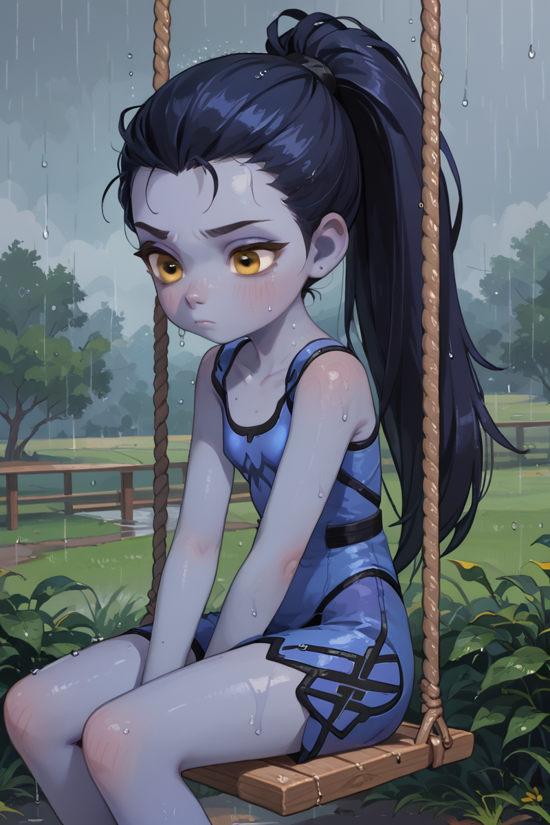 score_9,score_8_up,score_7_up,
1girl solo,widowmaker from overwatch, long black hair, bored face, hair in ponytail, yellow eyes, flat chest, blue skin, swing, raining,
<lora:princess_xl_v2:1> 
<lora:PossumMachine_v2:1>
 <lora:age_slider_v4:-4>