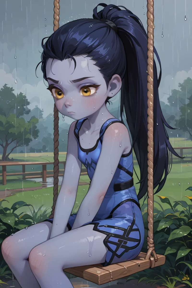 score_9,score_8_up,score_7_up,
1girl solo,widowmaker from overwatch, long black hair, bored face, hair in ponytail, yellow eyes, flat chest, blue skin, swing, raining,
<lora:princess_xl_v2:1> 
<lora:PossumMachine_v2:1>
 <lora:age_slider_v4:-4>