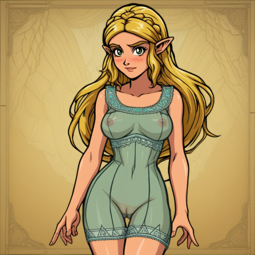 source_hentai, score_9, score_7_up, (4k4bur5tyl3), retro_artstyle, science_fiction, BREAK, Princess Zelda, long hair, (blonde hair), green eyes, perfect eyes, eyelashes, blonde eyebrows, blush, looking at viewer, rating_explicit, 1girl, solo, mole under eye, mole on thigh, dress, see-through, lingerie, covered nipples, cameltoe, detailed background,