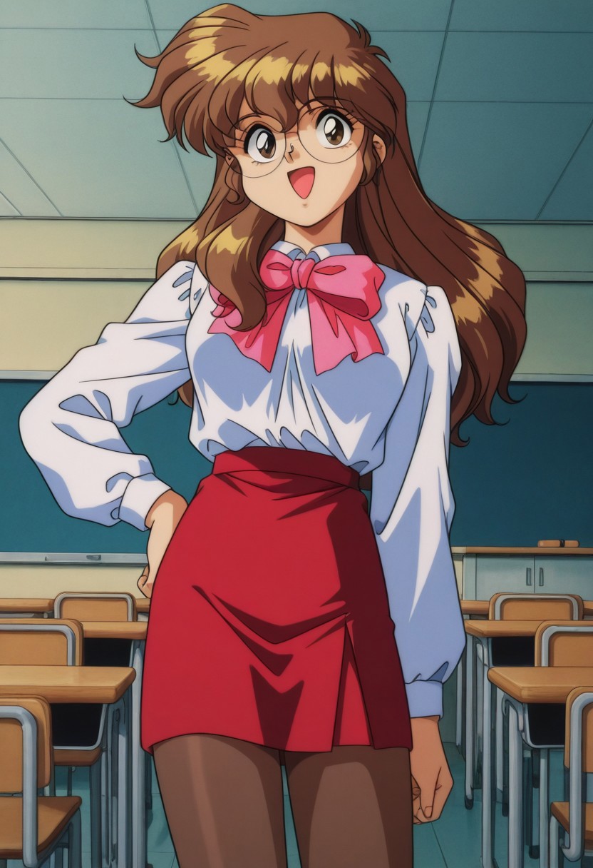 1990s_\(style\),retro_artstyle,1girl,brown_eyes,brown_hair,long_hair,solo,looking_at_viewer,glasses,(happy_smile,open_mouth),bowtie,uniform,white_shirt,long_sleeves,red_skirt,pantyhose,hand_on_hip,cowboy_shot,classroom,BREAK score_9, score_8_up, score_7_up, masterpiece, best quality, (retro_artstyle,source_anime:1.2),1990s_\(style\),official art,perfect_anatomy