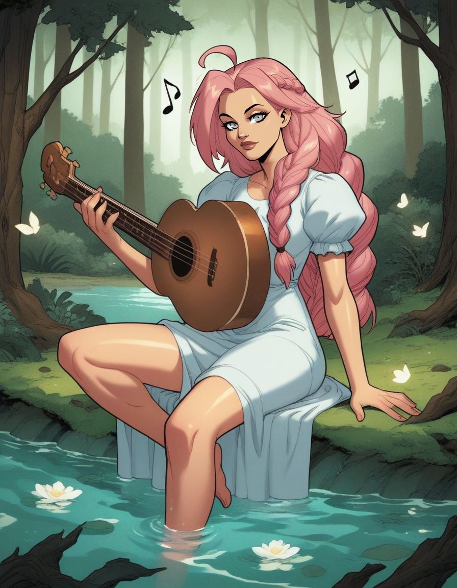 score_9,score_8_up,score_7_up, BREAK (by idz),  ,  silver eyes, , pink hair, long hair, ahoge, braid, solo, playing instrument, sitting , one outstretched leg, musical note, in a forest , trees , lake ,white dress , looking at viewer,