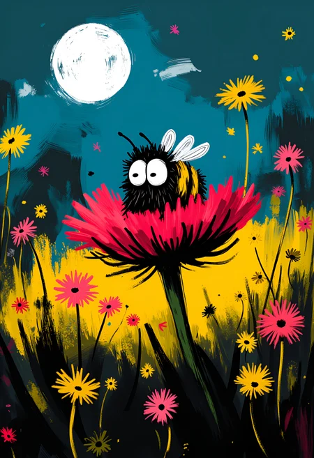. whimsicalart, darkfairytale, (moonlightart:1.2), (whimsical illustration:1.2), dreamy, moody, fantasy, magic.  a breathtaking closeup shot of a cute little bumblebee sleeping well on a midnightflower on a beautiful meadow under the full moon.  completely satisfied face expression with a hint of a smile, beautiful closed eyes.   masterpiece of fun.  brilliant dark collors, volumetric lighting, god rays.  , <lora:30 style\flux Dark Whimsical Art v1 ()>, <lora:30 style\flux MOONZ WILD v1 ():0.8>, , , , ,