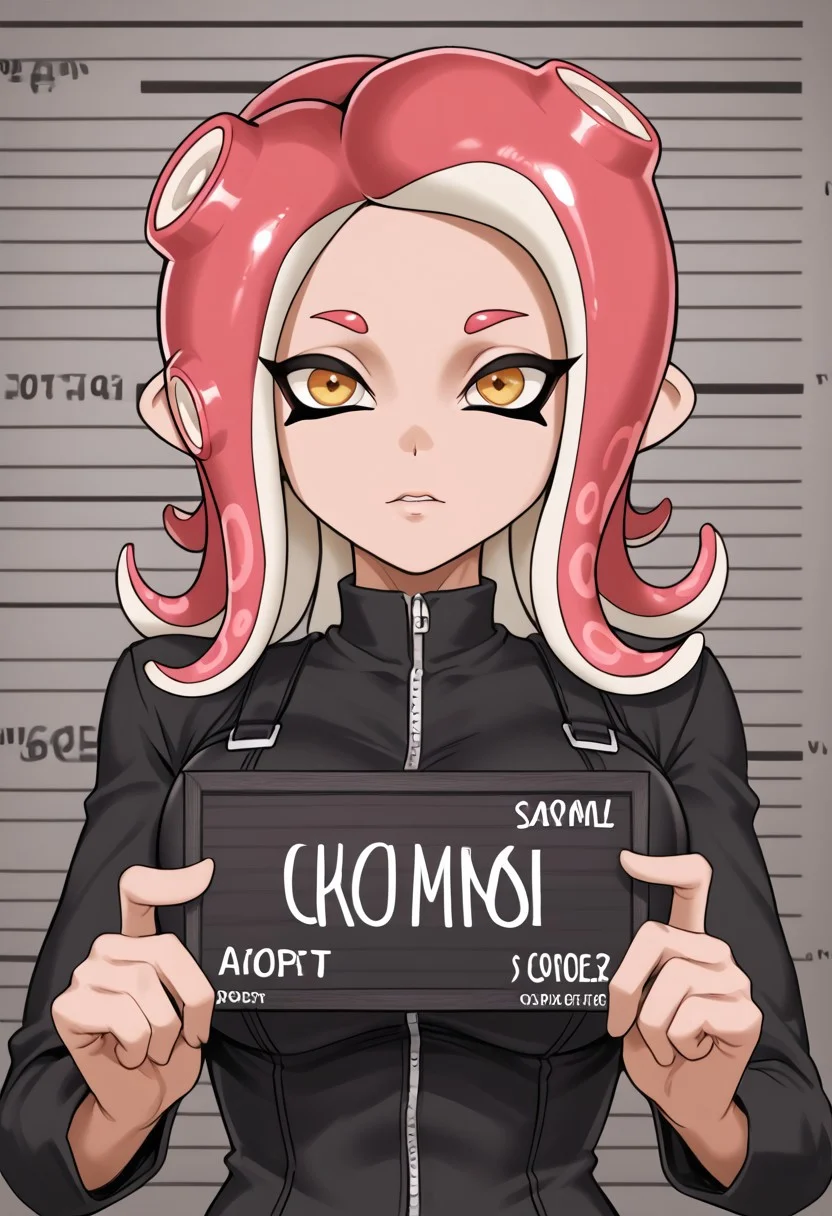 <lora:barbie-mugshot-ponyxl-lora-nochekaiser:1> barbie mugshot, barbie mugshot (meme) height mark, holding sign, nameplate, height chart, sign, meme, 1girl, agent 8, splatoon, octoling, look the camera, tentecle hair, black leather vest, little worry face, closed mouth, parted lips, holding sign, big boobs, big breasts, thick body, nothing text in the card, agent 8 hair style, pink hair, great attributes, thick body, csr style, tentacle hair, adult, gigant boobs, octoling girl, worry face, venus body,