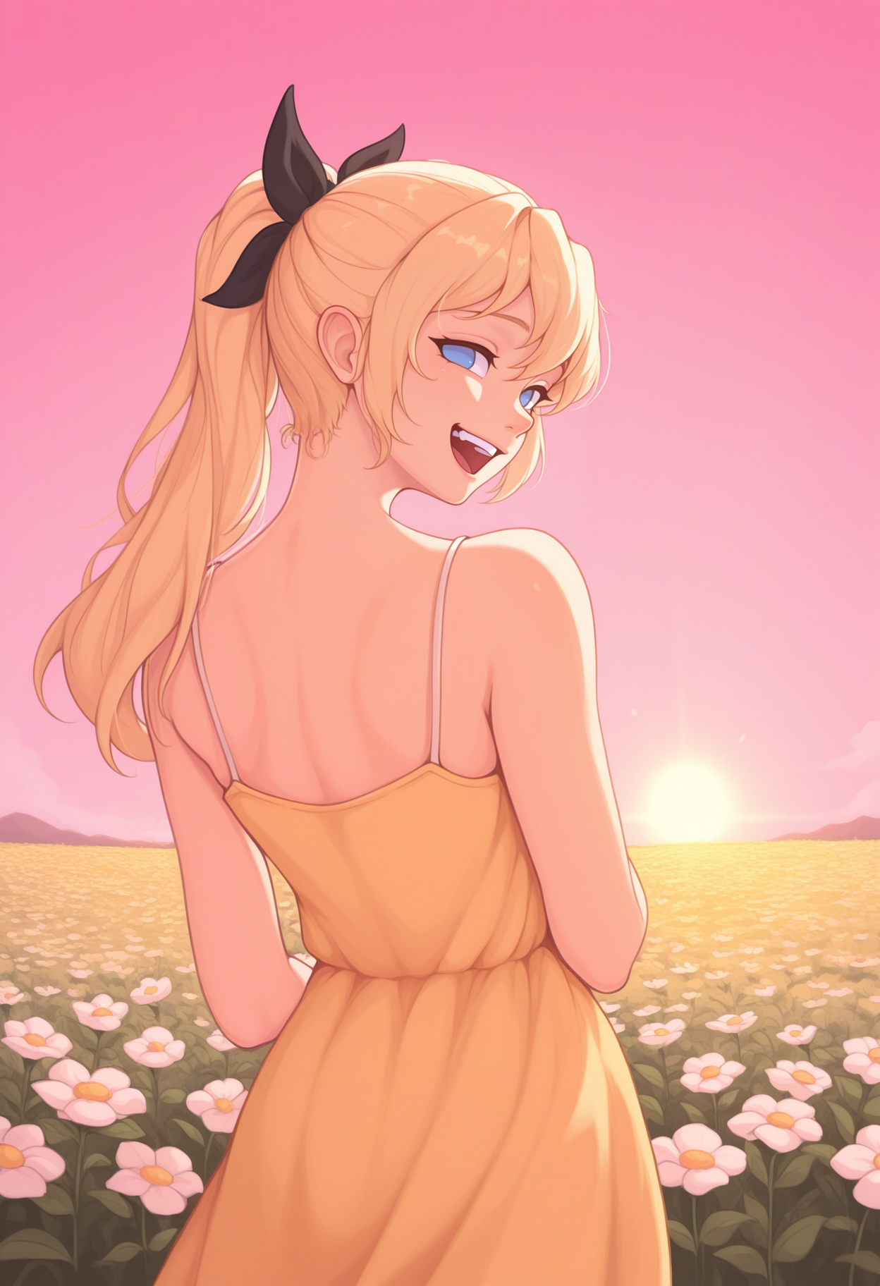 masterpiece, best quality, realistic, 1girl, solo, <lora:NSLillyKatawa:1> NSLillyMisc, blue eyes, blind, no pupils, blonde hair, long hair, ponytail, black ribbon, hair ribbon, yellow sundress, from behind, looking back, spaghetti straps, flower field, pink sky, sun, laughing, happy