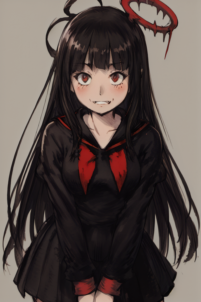 (Yoshida_Akihiko_PonyXL_style_v02.10.01:), solo, EPbaTsurugi, black hair, long hair, red eyes, blunt bangs, ahoge, halo, black wings, black sailor collar, black serafuku, black school uniform, black skirt, red neckerchief, blush, eyelashes, pleated skirt, sailor collar, skirt, sharp teeth, grin, crazy eyes, crazy smile, touching fingers, gray background, black wings, shy, large breasts, (Bravely Default Style), yoshida akihiko, blush, red eyes, shy, blood on clothes, teeth, fangs, <lora:pony\char\game\ba\EPbaTsurugiPony.safetensors>, <lora:pony\style\Yoshida_Akihiko_PonyXL_style_v02.10.01.safetensors>, <lora:styles\yoshida_akihiko_offset.safetensors>, <lora:styles\BravelyDefault.safetensors>, <checkpoint:[Pony] ponyRealism_v21MainVAE.safetensors>, <checkpoint:[SD15] tfmCutesyAnime2_genesis.safetensors>