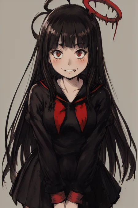 (Yoshida_Akihiko_PonyXL_style_v02.10.01:), solo, EPbaTsurugi, black hair, long hair, red eyes, blunt bangs, ahoge, halo, black wings, black sailor collar, black serafuku, black school uniform, black skirt, red neckerchief, blush, eyelashes, pleated skirt, sailor collar, skirt, sharp teeth, grin, crazy eyes, crazy smile, touching fingers, gray background, black wings, shy, large breasts, (Bravely Default Style), yoshida akihiko, blush, red eyes, shy, blood on clothes, teeth, fangs, <lora:pony\char\game\ba\EPbaTsurugiPony.safetensors>, <lora:pony\style\Yoshida_Akihiko_PonyXL_style_v02.10.01.safetensors>, <lora:styles\yoshida_akihiko_offset.safetensors>, <lora:styles\BravelyDefault.safetensors>, <checkpoint:[Pony] ponyRealism_v21MainVAE.safetensors>, <checkpoint:[SD15] tfmCutesyAnime2_genesis.safetensors>