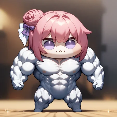 <lora:doro_xypher_amxl_v1:1> solo, doro \:3, chibi, solid circle eyes, no pupils, no humans, white skin, creature
, pink hair, purple eyes, single side bun, hair bow
, masterpiece, best quality, very aesthetic, absurdres
, muscular, hypermuscular, bodybuilder, sparkle