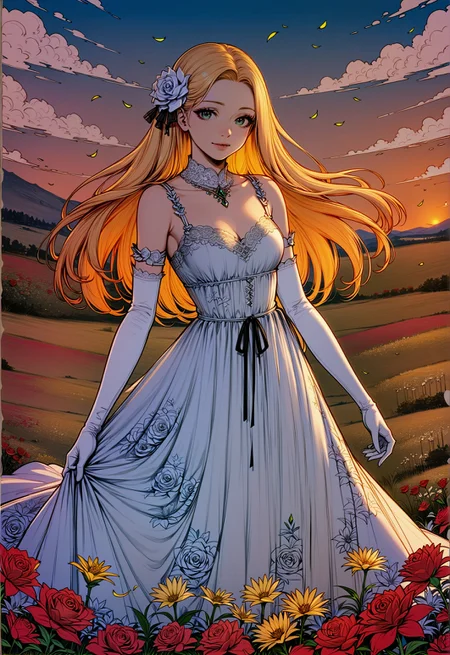 score_9, score_8_up, score_7_up, rating_safe, lineart, flat color, 1girl, solo, long hair, yellow hair, looking at viewer, breasts, dress, floral dress, floral theme, elbow gloves, white gloves, cowboy shot, standing, outdoors, field, flower, roses, lilies, grass, plant, sky, romantic, green eyes <lora:LineArt Mono Style LoRA_Pony XL v6:0.8> <lora:sdxl\Pony_DetailV1.0>