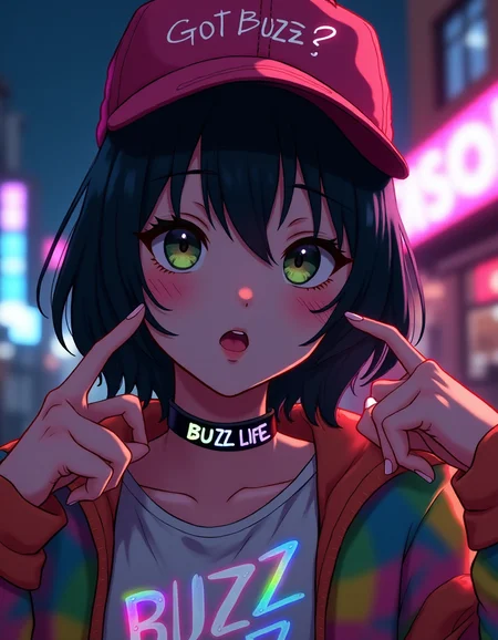 an anime style close up extreme to the face photo of a safe for work alternative girl wearing streetwear outfit and a cap,the clothes have rainbow colors, the cap of the girl says "Got Buzz?", she also has a choker with glowing colorful letters that say "BUZZ LIFE", she has short black hair, she is looking seductively to the viewer, the model is located at a disco in the outside of a build at night, she is pointing to her cap