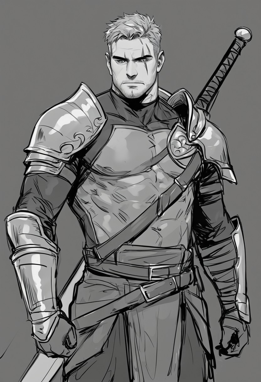 score_9, score_8_up, score_7_up, 1man, solo, male focus, Tall, short messy gray hair, Age 27 year old, rugged man, green eyes, muscular, strong physical, scar on the right eye, Adventurer suit, Big Great Sword on the back, quiet and calm, shoulder armor, standing, outdoor, dark background, manly, closed mouth, mature male, sketch, Serious face