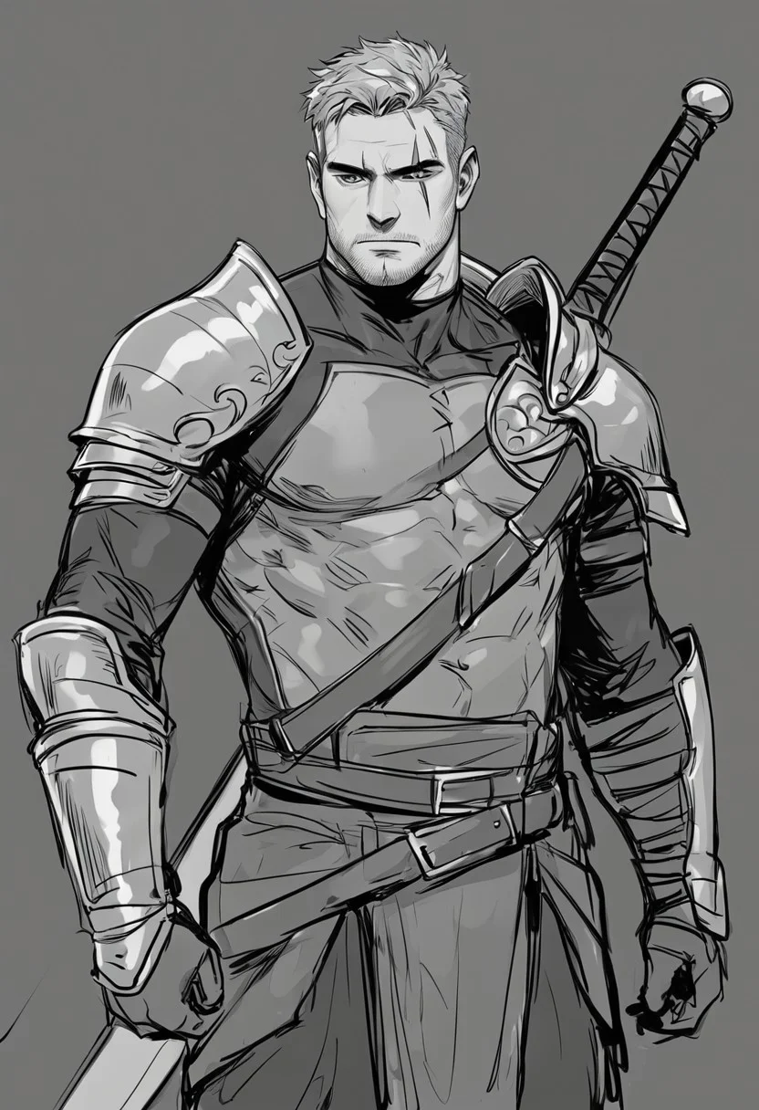 score_9, score_8_up, score_7_up, 1man, solo, male focus, Tall, short messy gray hair, Age 27 year old, rugged man, green eyes, muscular, strong physical, scar on the right eye, Adventurer suit, Big Great Sword on the back, quiet and calm, shoulder armor, standing, outdoor, dark background, manly, closed mouth, mature male, sketch, Serious face