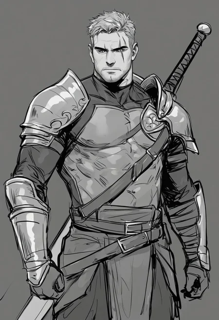 score_9, score_8_up, score_7_up, 1man, solo, male focus, Tall, short messy gray hair, Age 27 year old, rugged man, green eyes, muscular, strong physical, scar on the right eye, Adventurer suit, Big Great Sword on the back, quiet and calm, shoulder armor, standing, outdoor, dark background, manly, closed mouth, mature male, sketch, Serious face