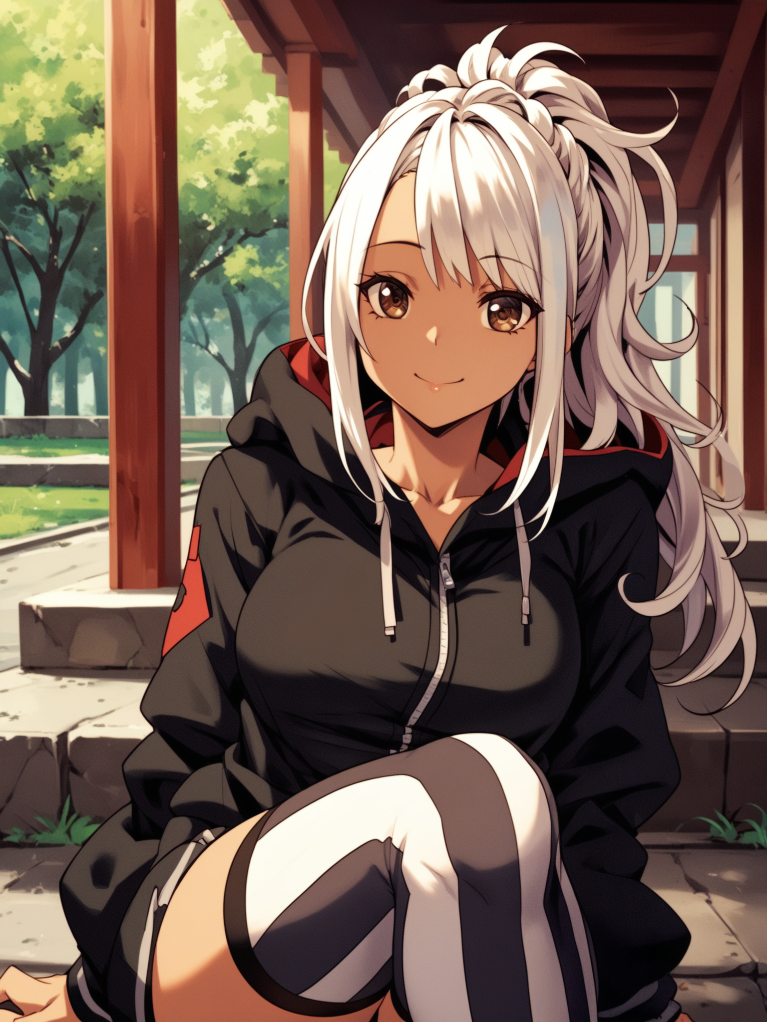 <lora:happy_tentacle-mao-v0.2-000036:1>, ht_mao, white hair, brown eyes, tan, dark skin, hooded jacket, vertical-striped thighhighs, outdoors , 1girl, solo, portrait , , (happy :1.1), , , sitting , facing viewer , score_9, score_8_up, score_7_up, score_6_up, score_5_up, score_4_up