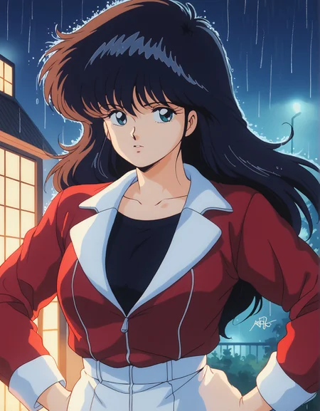 score_9, score_8_up, score_7_up,score_6_up,high resolution,mdk,1girl,solo,black hair,long hair,night,raining outside,in bedroom,looking outside window,red jacket,retro,curvy,looking sideways,volumetric lighting,depth of field,upper  body,front view,cozy room,hands on hip,detailed