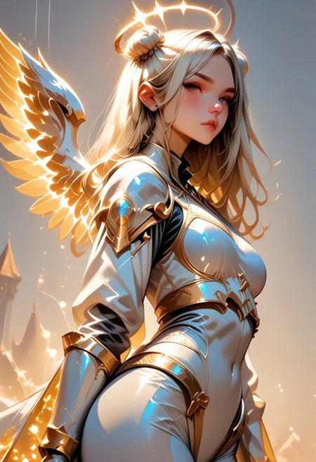 score_9, score_8_up, score_7_up, (Western Comics), a full body image of a sexy mechangel girl, caucasian, seductive, (glowing wings), solo, glowing armor, glowing halo, glowing mechanical 4 wings (hyperdetailed:1.15), detailed, light passing through hair, (ultra detailed, high quality texture), (sharp), (artistic image), 32K, 4K, ULTRA HD, small waist, large breasts, tight white bodysuit with, crop: -5, (3/4 portrait), wide view, ((her whole head and hair is visible)), zoomed out, (wings completely visible), (from thighs and up), wings folded along her body, cowboy shot, angelify, (monochrome background), (nothing in background), plain background, Long blonde hair in Double Bun, wings fully visible, she is reading a glowg magical book, hkmagic