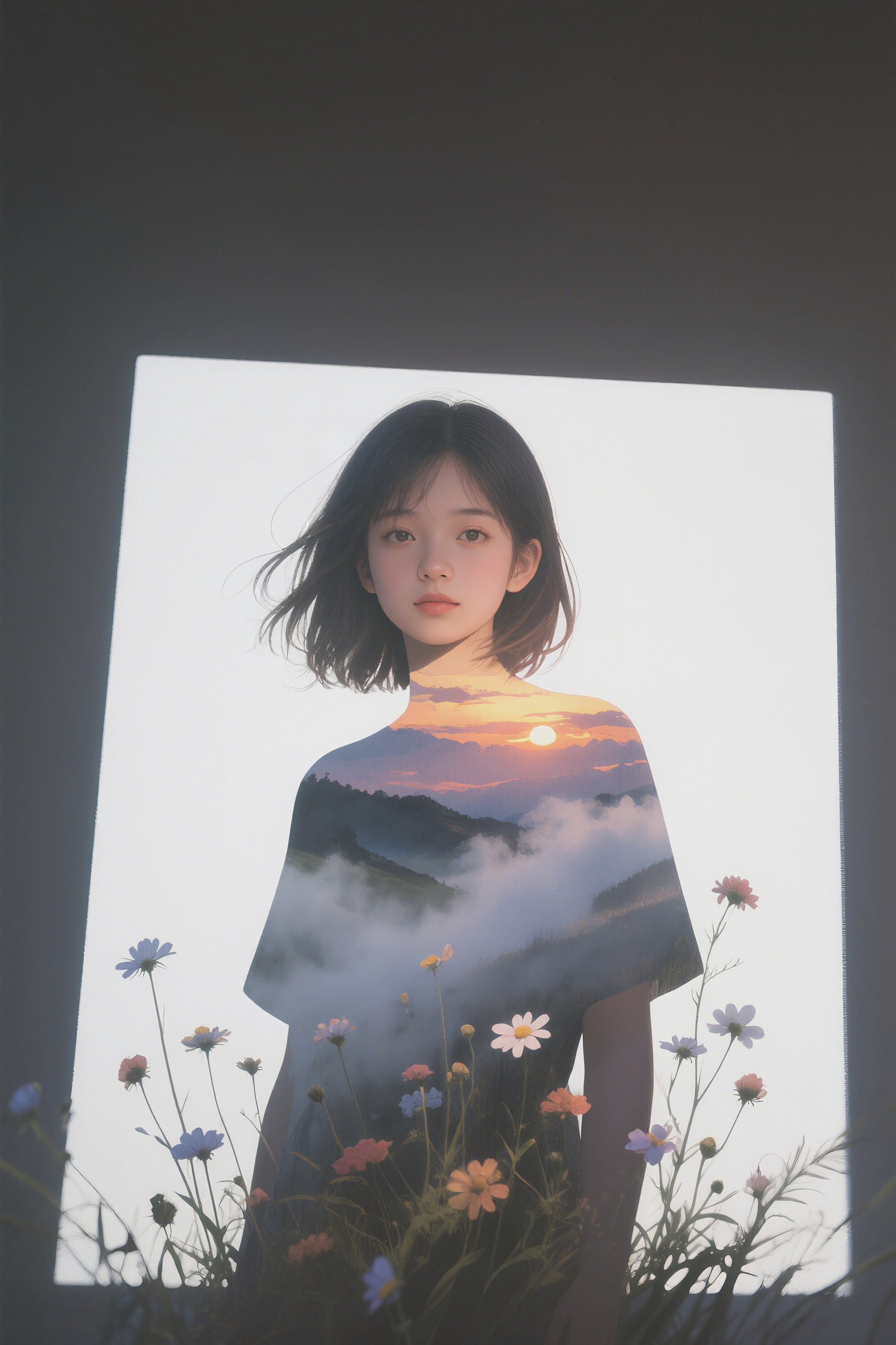Beautiful girl in 5D projection, her silhouette enclosing a fantastical three-dimensional landscape - watercolor digital painting with smoky texture, sunset sky, wildflowers, and ethereal body art style on white background.