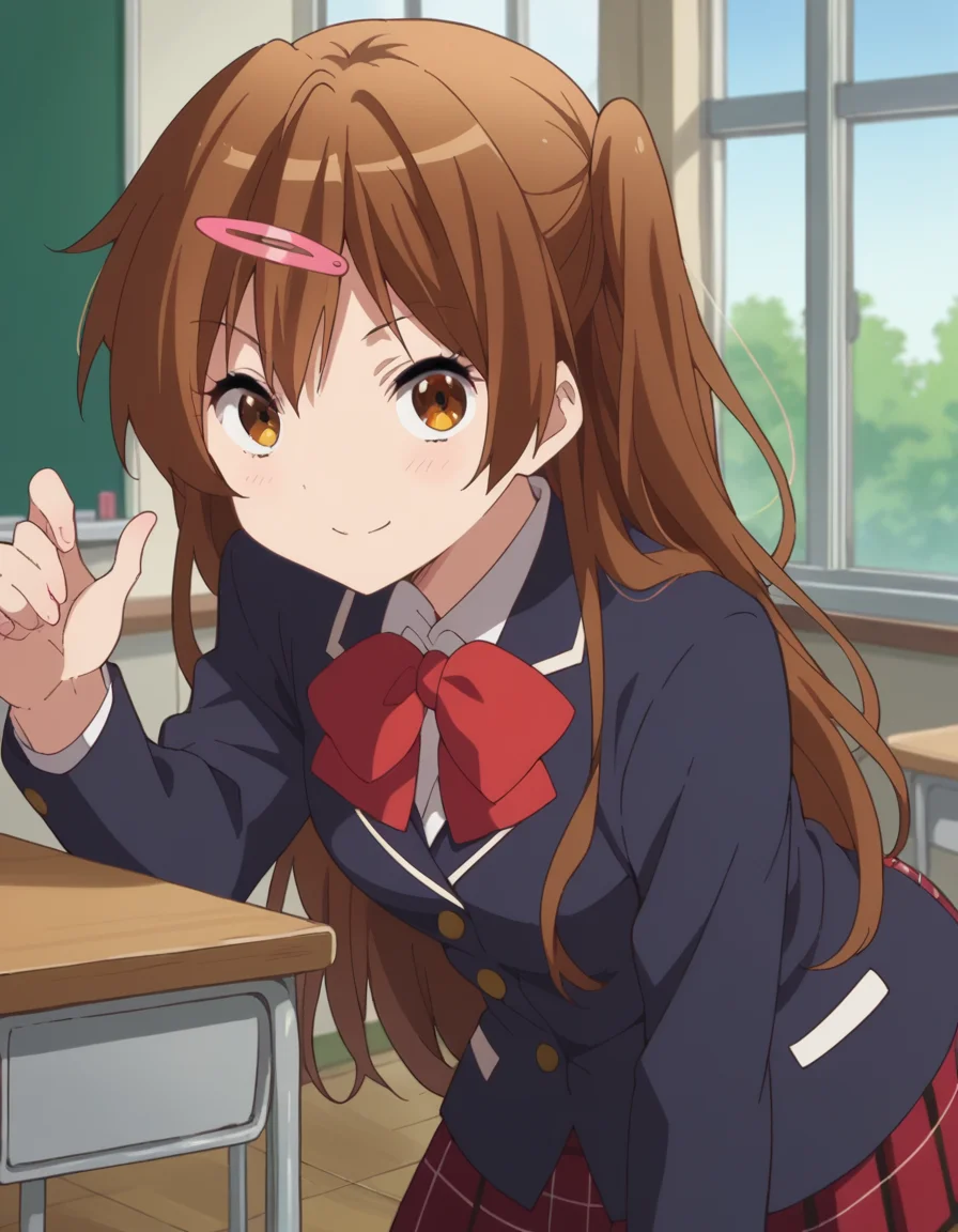 score_9, score_8_up, score_7_up, source_anime,
shinkanibutani, <lora:shinka-nibutani-s2-ponyxl-lora-nochekaiser:1>,
shinka nibutani, long hair, brown hair, hair ornament, brown eyes, hairclip, one side up,
skirt, school uniform, jacket, plaid, kneehighs, plaid skirt, blazer, icho private high school uniform, blue blazer,
indoors, classroom, bent over, smile,
looking at viewer, cowboy shot, dutch angle, solo,