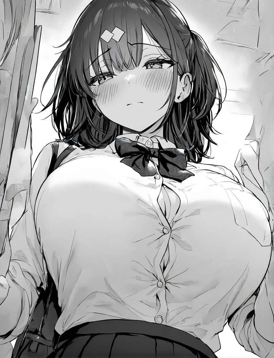 1girl,white shirt,dress shirt,bow,blush,breasts,monochrome,greyscale,large breasts,eyebrows visible through hair,bangs,solo focus,solo,masterpiece, best quality, very aesthetic, absurdres,,<lora:CALM WHITE-NAI:0.8>