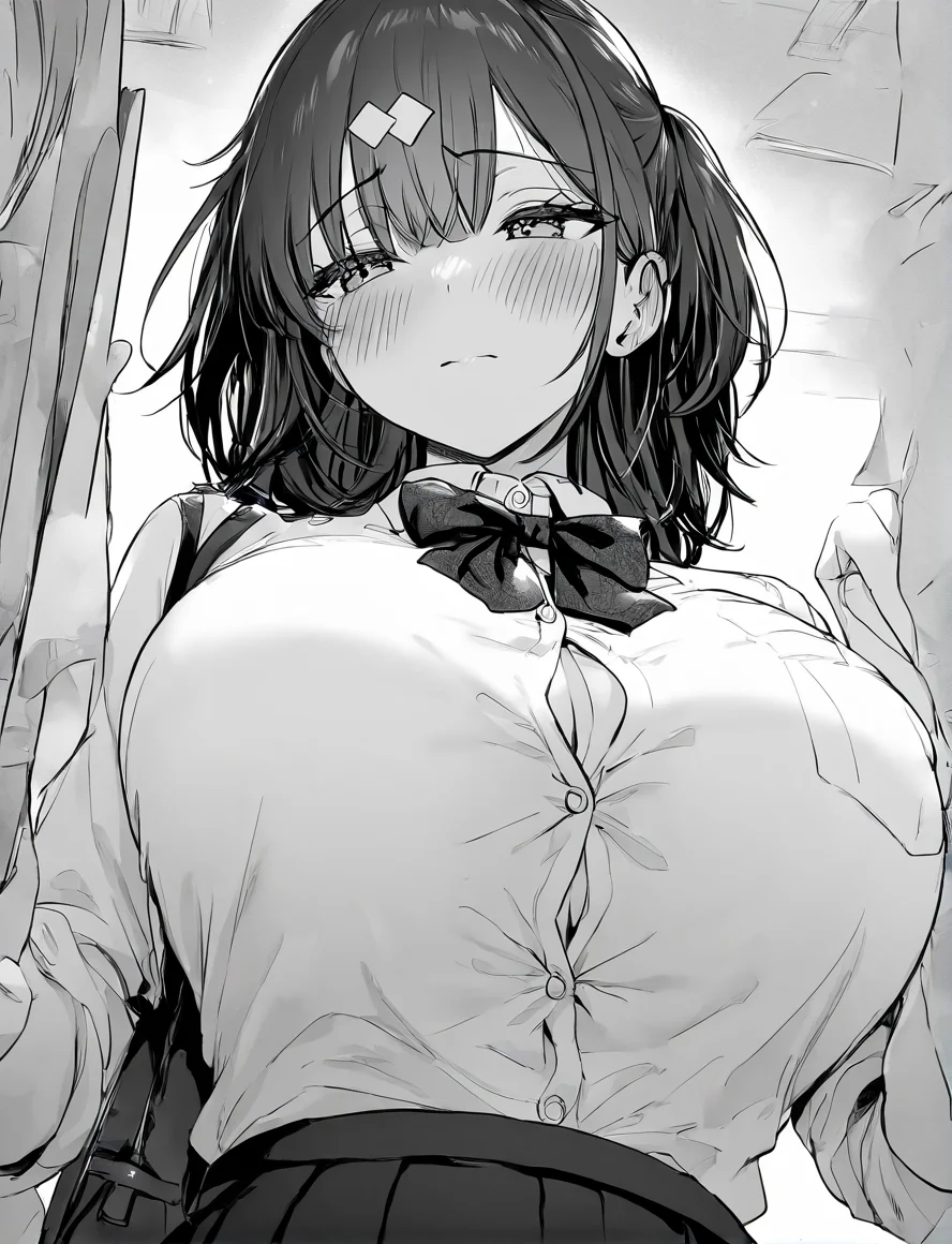 1girl,white shirt,dress shirt,bow,blush,breasts,monochrome,greyscale,large breasts,eyebrows visible through hair,bangs,solo focus,solo,masterpiece, best quality, very aesthetic, absurdres,,<lora:CALM WHITE-NAI:0.8>