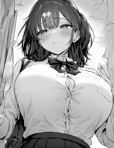1girl,white shirt,dress shirt,bow,blush,breasts,monochrome,greyscale,large breasts,eyebrows visible through hair,bangs,solo focus,solo,masterpiece, best quality, very aesthetic, absurdres,,<lora:CALM WHITE-NAI:0.8>