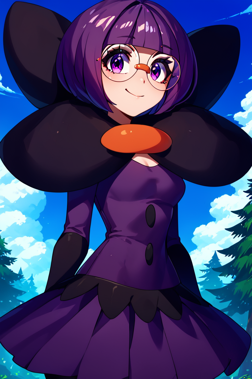 score_9, score_8_up, score_8, medium breasts, (curvy), cute, eyelashes,       ,,, , ,,, zzShauntal, purple eyes, bob cut, glasses, round eyewear, short hair, blunt bangs, purple hair, elbow gloves, purple skirt, skirt, bow, dress, large bow, <lora:Shauntal_Pokemon_PDXL:1.0>,  ,,,, BREAK, smile, looking at viewer, cowboy shot, ,,, outdoors, sky, day, cloud, tree, blue sky, sunny,  ,,, Expressiveh, ,,, <lora:Alola_Style_PDXL:0.8>, <lora:Expressive_H-000001:0.4>,