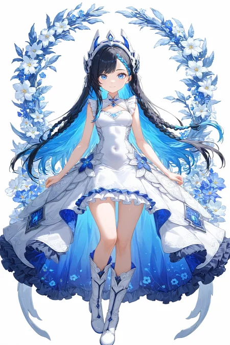 1girl, solo, black hair, blue eyes, blue hair, boots, braid, braided bangs, closed mouth, colored inner hair, covered navel, dress, fantasy, floral background, frilled dress, frills, headgear, light blue hair, light smile, long hair, multicolored hair, simple background, sleeveless, sleeveless dress, swept bangs, white background, white dress, white footwear, masterpiece, best quality