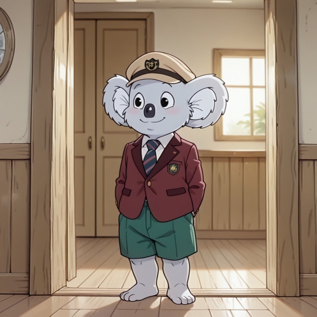 masterpiece, best quality, amazing quality, Blinkybbil, semi-anthro, male, Koala, grey fur, black eyes, tan hat, red jacket, striped tie, green shorts, standing, inside, smile