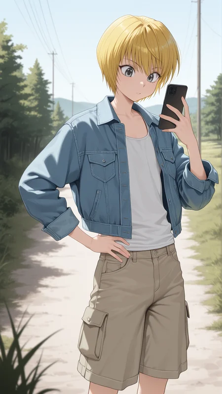 masterpiece, best quality, amazing quality, 1boy, solo, <lora:IlluKurapika:1> illukurapika, blonde hair, short hair, grey eyes, denim jacket, cargo shorts, tank top, outdoors, on phone, hand on own hip,