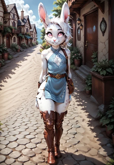 safe_pos, kftenhance, highres, masterpiece, safe_pos, score_9, score_8_up, score_7_up, 1boy, solo, femboy adventurer, realistic textures, realistic fur, D&D, adventurer, wilderness guide, meek, cute, dainty, excited,
(((rabbitfolk, feminine male, femboy, white fur, detailed fur, body fur, tuft, fluffy, dappled, honeyed freckles, short, delicate features, white medium hair, undercut hairstyle, pink eyes, small and slender, tiny breasts, fluffy chest, thin waist, waspish hips, rabbit nose, pink nose, rabbit ears, long ears, ears down, rabbit tail, plantigrade legs, light eyeshadow, thick butt, nervous smile,))) (((travel clothes, halter top, flowing light-blue tunic, revealing tights, shortbow, earring, thigh high socks, small satchel, bow and arrows, plain boots,))) shopping, skipping, fantasy village, outdoor, <lora:KFT_FSSE_V6.3-000005:0.4>