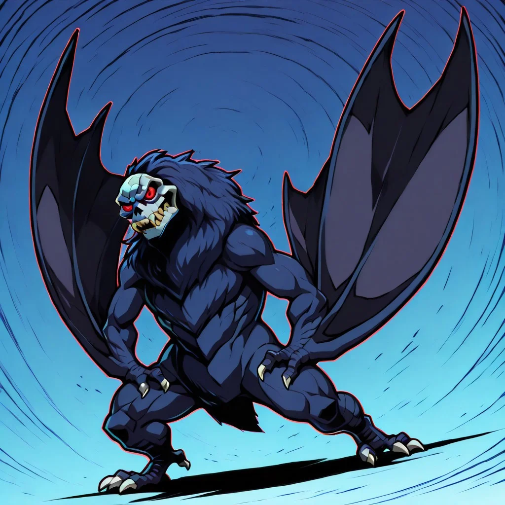 gurlagcatch, solomon, kaiju, demonic kaiju, no humans, humanoid, skull face, monster, dark blue fur, dark blue skin, glowing red eyes, sharp teeth, humanoid arms, sharp claws, white claws, bat wings coming out of his arms, 4-fingered hands, bird feet with 2 fingers, solo, dynamic angle, thick outline, wide shot, dynamic pose, dramatic shadow,
