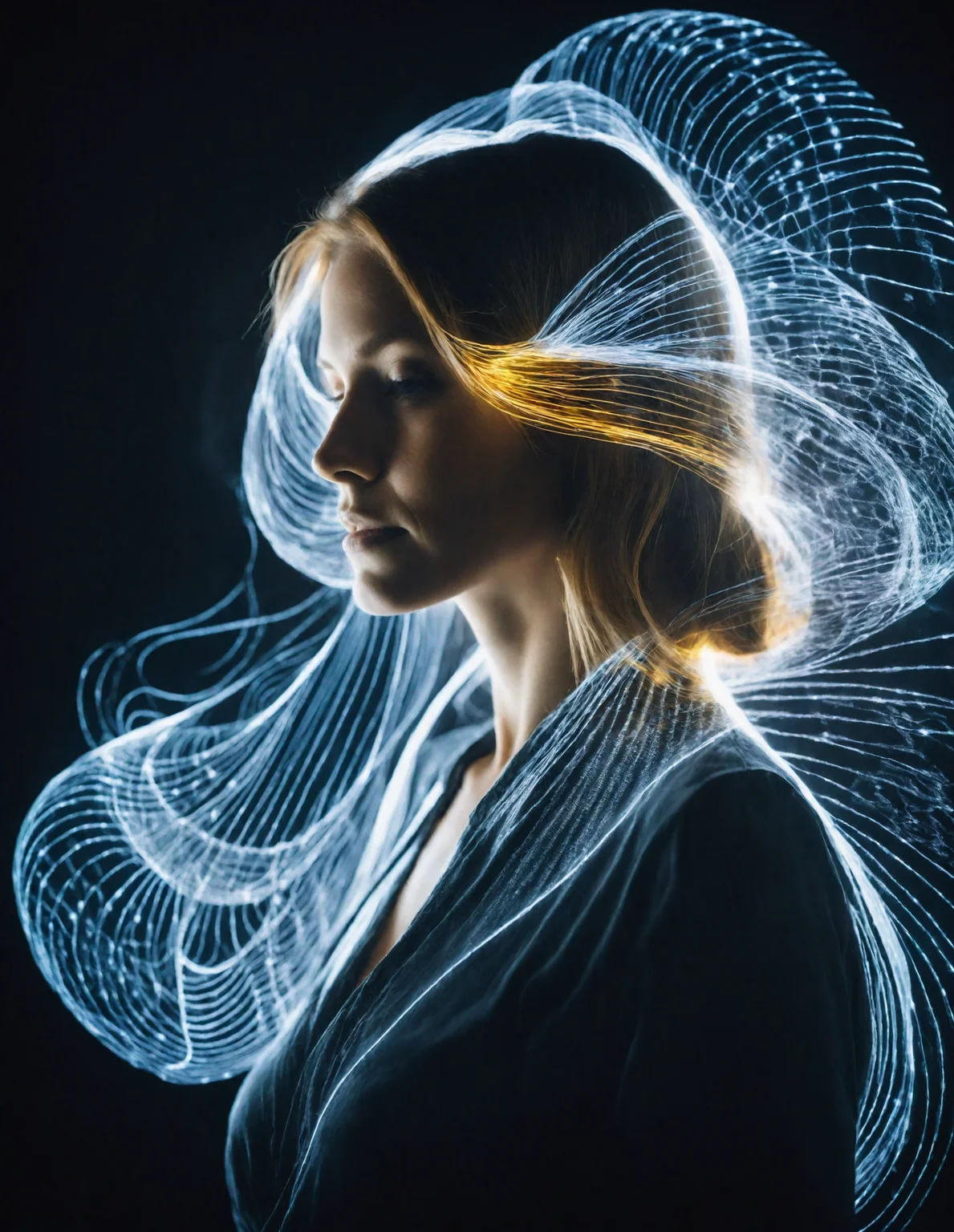 Double Exposure photography, of a woman in style of Luminogram portrait with fiber optic light painting, Light painting, Light tracing, Long exposure photography, Holography, double image ghost effect, image combination, double exposure style