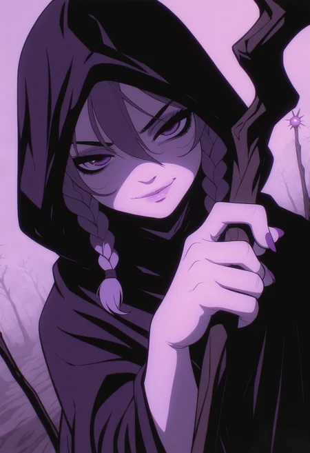 SPNGS, masterpiece, best quality, absurdres, very aesthetic, highres, very awa,
1girl, face focus, twin braids, dutch angle,  light smile,  fog, holding mage staff, hood up, cloak, hand focus, dynamic pose, purple nails, hair between eyes,  <lora:SPNGS:1>