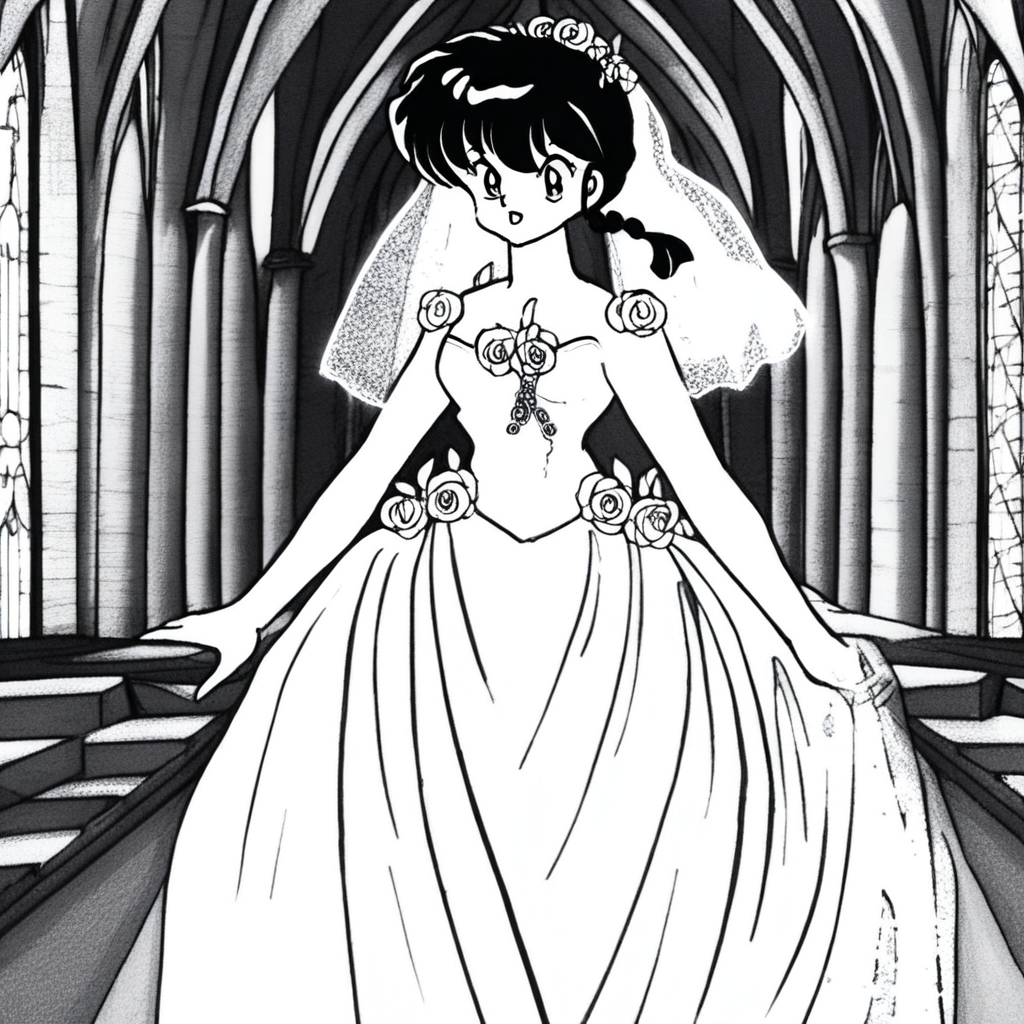 ranma,score_9,source_anime,ranmaw, in wedding dress, veil, updo, church