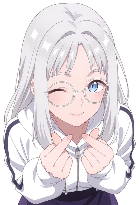 Smooth Quality,masterpiece,beautiful aesthetic, very intricate, high quality details, ultra realistic, high detailed skin,
simple background, white background,
from above,finger heart,;),
spats, ,cropped jacket, ,String around finger , <lora:Hinacnn:0.8> hina/cnn, 1girl, long hair, blue eyes, grey hair, glasses,