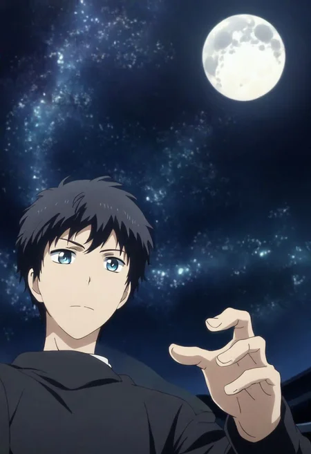 high resolution, solo, best quality, 1Boy, Arata Kaizaki, Black Hair, Blue Eyes, open space, night sky, moon, OverallDetail