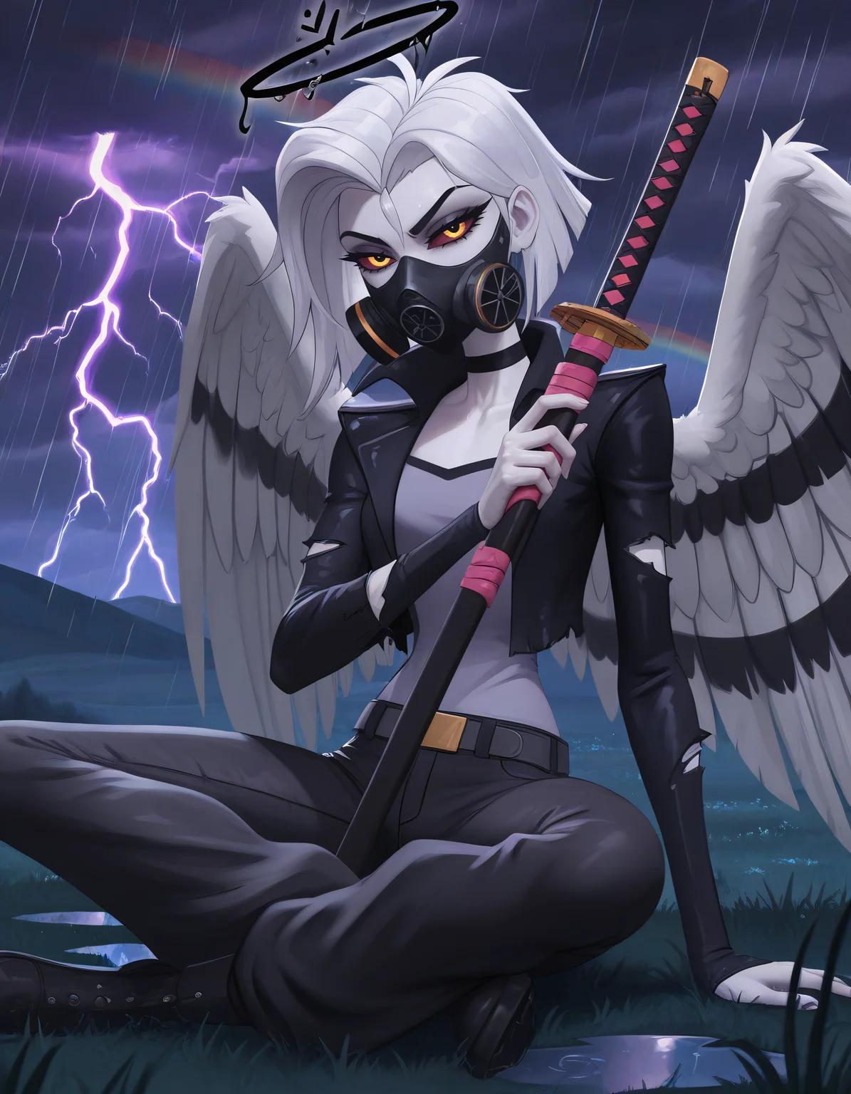 very awa, masterpiece,best quality,amazing quality, best quality, newest, absurdres, highres, detailed background, detailed hair, depth of field, detailed skin, best quality, amazing quality, very aesthetic, high resolution, ultra-detailed, absurdres, OverallDetailXL, skinny, narrow waist, thigh gap, aged up, evulchibi_style, cowl, head cowl, black jacket, choker, portrait, torn jacket, upper body, belt, baggy pants, black pants, pink katana, katana, weapon, sword, holding weapon, gas mask, , lute \(hazbin hotel\), lute, halo, black halo, angel wings, pale skin, short hair, white hair, white sclera, yellow eyes,, sitting, sitting_on_ground, legs_crossed, indian_style, hands_on_lap,, day,after_rain,rainbow,double_rainbow,wet_ground,puddle,clearing_sky,sun,, outdoors,landscape,nature,plains,field,grass,storm,thunderstorm,dark_clouds,storm_clouds,lightning,rain,windy,night,evening,,,