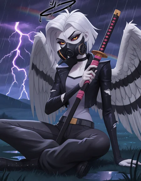 very awa, masterpiece,best quality,amazing quality, best quality, newest, absurdres, highres, detailed background, detailed hair, depth of field, detailed skin, best quality, amazing quality, very aesthetic, high resolution, ultra-detailed, absurdres, OverallDetailXL, skinny, narrow waist, thigh gap, aged up, evulchibi_style, cowl, head cowl, black jacket, choker, portrait, torn jacket, upper body, belt, baggy pants, black pants, pink katana, katana, weapon, sword, holding weapon, gas mask, , lute \(hazbin hotel\), lute, halo, black halo, angel wings, pale skin, short hair, white hair, white sclera, yellow eyes,, sitting, sitting_on_ground, legs_crossed, indian_style, hands_on_lap,, day,after_rain,rainbow,double_rainbow,wet_ground,puddle,clearing_sky,sun,, outdoors,landscape,nature,plains,field,grass,storm,thunderstorm,dark_clouds,storm_clouds,lightning,rain,windy,night,evening,,,