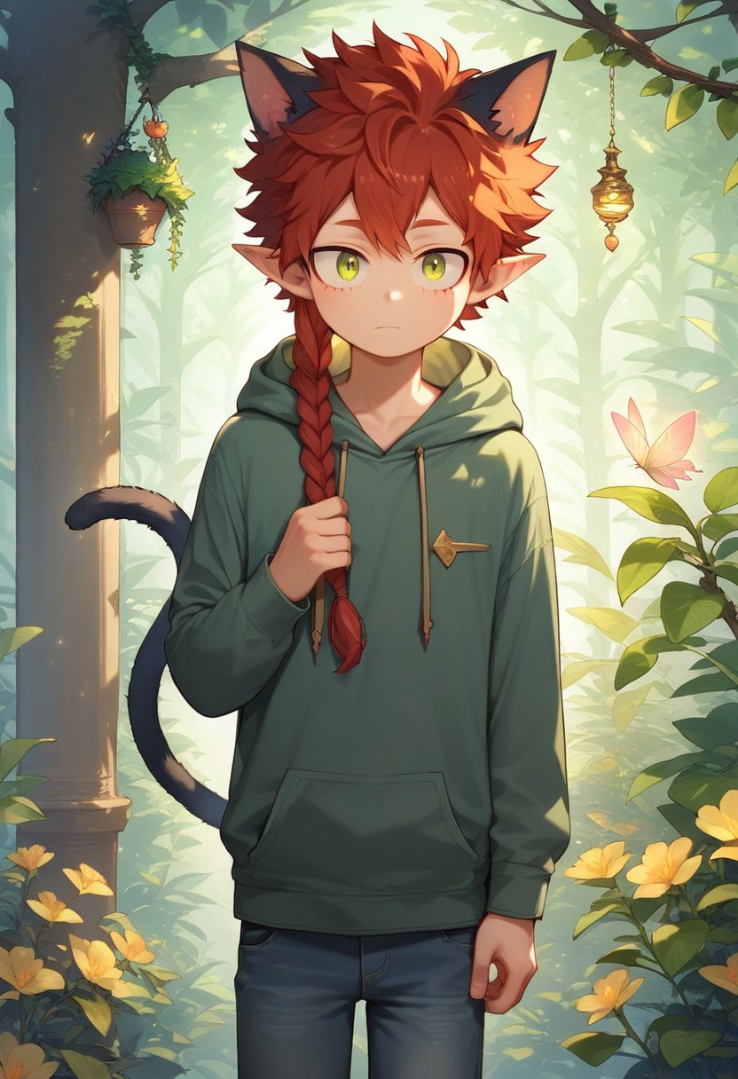 score_9, score_8_up, score_7_up, source anime, 1boy, solo, ((young)), very short (Chibi:1.0), inside a beautiful fairy forest, cute black cat boy has black cat ears, long black cat tail, long braided red hair, (((pointy fairy ears))), black cat boy is wearing a green hoodie, jeans, standing, neutral, stoic, looking at viewer, perfect hand, beautiful fairy forest in background, my hero academia style (((long braided red hair)))