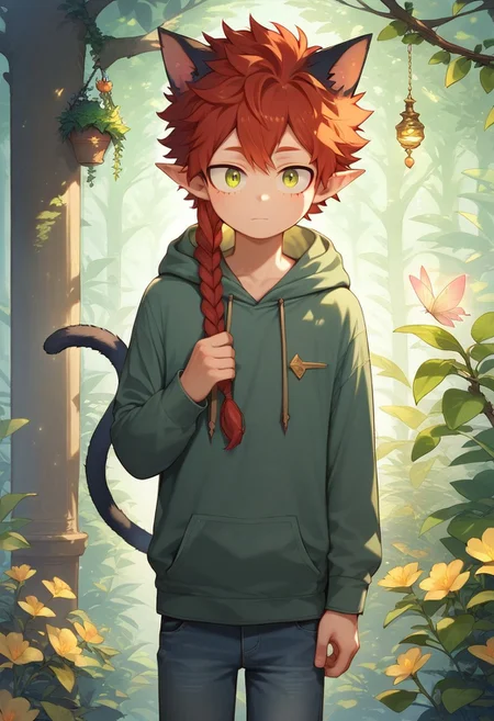 score_9, score_8_up, score_7_up, source anime, 1boy, solo, ((young)), very short (Chibi:1.0), inside a beautiful fairy forest, cute black cat boy has black cat ears, long black cat tail, long braided red hair, (((pointy fairy ears))), black cat boy is wearing a green hoodie, jeans, standing, neutral, stoic, looking at viewer, perfect hand, beautiful fairy forest in background, my hero academia style (((long braided red hair)))