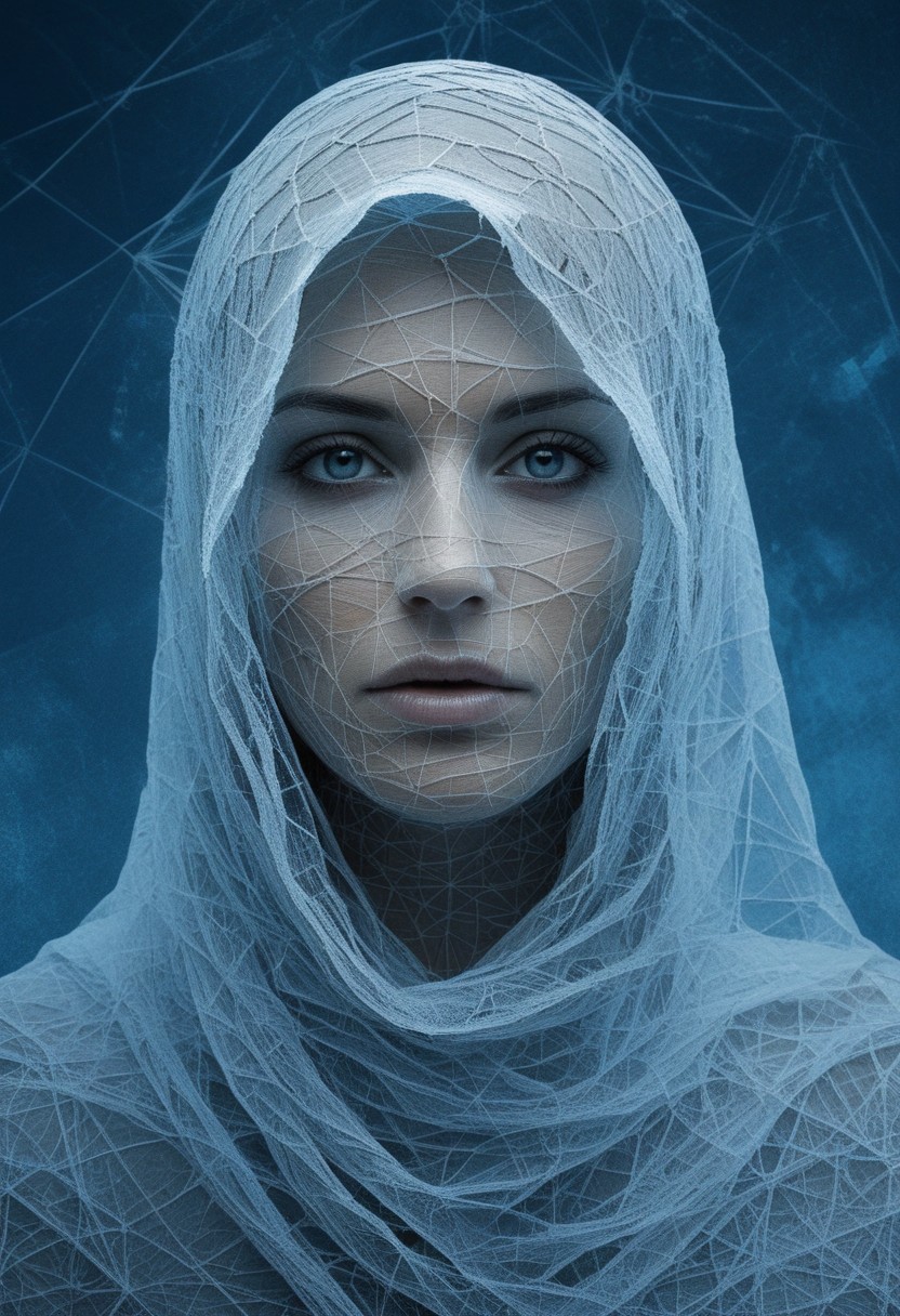 Envision a close-up portrait of a female figure wrapped in ancient, hieroglyph-covered cloth, surrounded by a cold, polygonal blue background. The fabric is aged, with cobwebs adorning its edges, and each hieroglyph is meticulously detailed, adding layers of mystery to the figure. Only their eyes are visible, emanating an otherworldly presence that contrasts sharply with the sharp, crystalline facets of the background. The blue gradient ranges from icy whites to deep navy, giving a sense of an endless, frozen landscape. The detailed textures of the fabric and the clarity of the background facets make the scene feel tangible, as if the figure were a relic preserved within a digital prism. This fusion of ancient and modern aesthetics invokes a haunting and futuristic atmosphere, a glimpse into a world where the past is locked within an icy, geometric void.