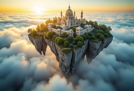 the most realistic, photorealistic photo ever taken [flythrough a VAST mystical city on an island floating in the clouds, GOLDEN HOUR, a dream world , shifting landscapes, and ethereal creatures, Captured with a Hasselblad X2D 100C and an 80mm f/1.9 lens, hyper-realistic textures, soft studio lighting, elegant shadows, styled for a Vogue beauty editorial, incredible realism, creamy bokeh, ultra-detailed textures, perfect lighting, styled for a Vogue cover]  aidmaimageupgrader, aidmamj6.1
