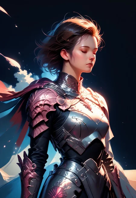 score_9, score_8_up, score_7_up, 1girl, solo, short hair, brown hair, white and silver armor, disassembling armor, red-handled sword, serene expression, closed eyes, dynamic motion, floating armor pieces, light background, abstract brush strokes, ethereal, detailed, high contrast