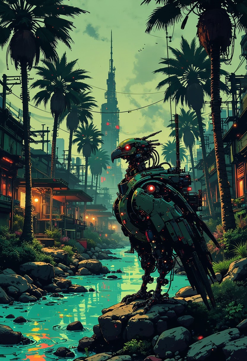 A cybernetic vulture stands at the edge of a shimmering oasis, surrounded by sleek metallic palm trees and pools of water glowing faintly under bioluminescent nanotech vegetation. In the distance, the towering skyline of a cybercity emerges through a haze, its neon lights reflecting on the rippling water. The vulture, perched on a rock, scans the landscape with glowing red eyes, its metal feathers glinting in the soft, refracted light of the oasis