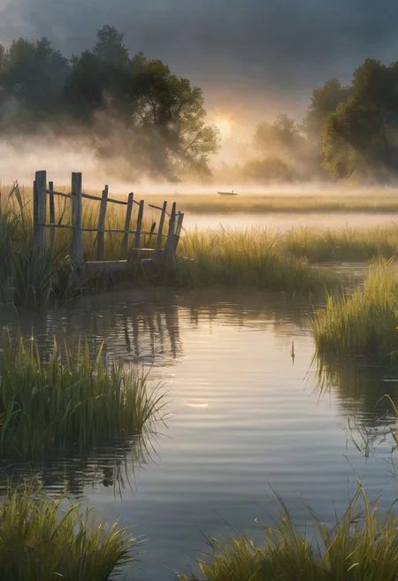 8k, breathtaking, close up fishing pond, cloudy weather, wooden fence, morning mist, tall grass, sun rays, masterpiece, award-winning, professional, highly detailed, mist, style-nebmagic