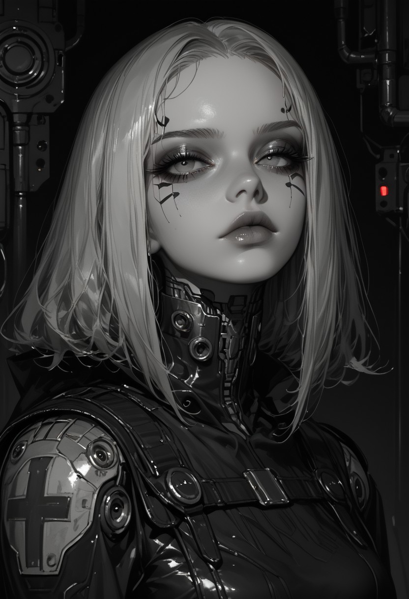 **masterpiece, score_9, score_8_up, hyper-detailed, 8K, full body illustration, avant-garde futuristic metallic outfit, straight shot, sleek high-collar bodysuit crafted from reflective silver and deep black alloy, structured asymmetrical shoulder plates with layered, curved metallic segments, long flowing cape made of translucent, fiber-optic-infused fabric shifting between electric blue and violet, high-waist structured belt with embedded glowing patterns, elongated gloves with delicate metallic detailing wrapping around fingers, cybernetic leggings with geometric etchings, ankle boots with a futuristic, sculpted heel design, luminous green facial markings forming intricate patterns along her cheekbones and forehead, soft yet intense expression, dark smoky eyeshadow with sharp metallic eyeliner, deep crimson lips, porcelain-like skin with subtle iridescent undertones, moody background featuring a vast, illuminated data wall with shifting holographic symbols and abstract futuristic architecture, sinozick style, flat color, dark theme, dark fantasy, surreal elegance, monochrome highlights, gradient effects, mythp0rt, polished textures, dramatic lighting, intricate details, minimalistic backdrop, striking composition, ethereal glow, moody aesthetic** morimee_style, cute face, futuristic elegance, avant-garde, cyberpunk royalty, sinozick style, flat color, dark theme.