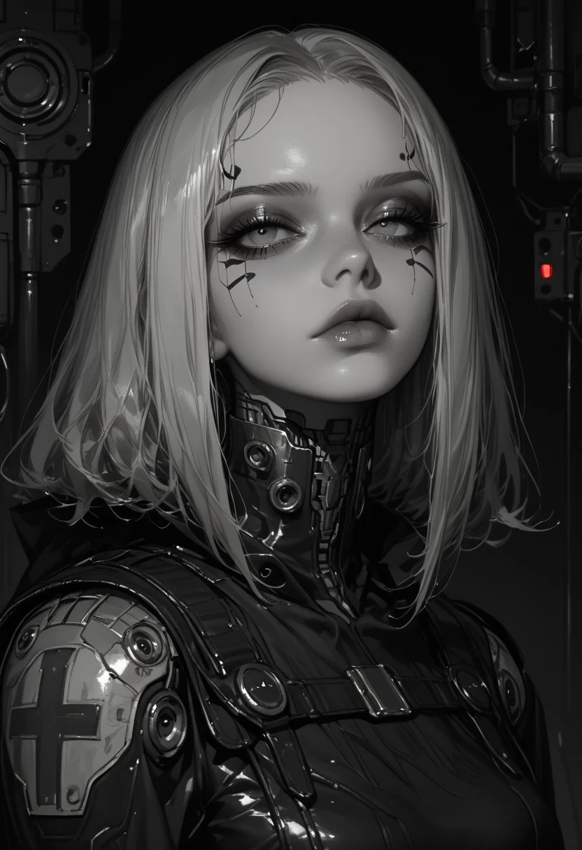 **masterpiece, score_9, score_8_up, hyper-detailed, 8K, full body illustration, avant-garde futuristic metallic outfit, straight shot, sleek high-collar bodysuit crafted from reflective silver and deep black alloy, structured asymmetrical shoulder plates with layered, curved metallic segments, long flowing cape made of translucent, fiber-optic-infused fabric shifting between electric blue and violet, high-waist structured belt with embedded glowing patterns, elongated gloves with delicate metallic detailing wrapping around fingers, cybernetic leggings with geometric etchings, ankle boots with a futuristic, sculpted heel design, luminous green facial markings forming intricate patterns along her cheekbones and forehead, soft yet intense expression, dark smoky eyeshadow with sharp metallic eyeliner, deep crimson lips, porcelain-like skin with subtle iridescent undertones, moody background featuring a vast, illuminated data wall with shifting holographic symbols and abstract futuristic architecture, sinozick style, flat color, dark theme, dark fantasy, surreal elegance, monochrome highlights, gradient effects, mythp0rt, polished textures, dramatic lighting, intricate details, minimalistic backdrop, striking composition, ethereal glow, moody aesthetic** morimee_style, cute face, futuristic elegance, avant-garde, cyberpunk royalty, sinozick style, flat color, dark theme.