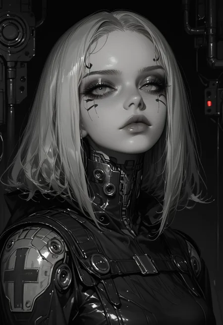 **masterpiece, score_9, score_8_up, hyper-detailed, 8K, full body illustration, avant-garde futuristic metallic outfit, straight shot, sleek high-collar bodysuit crafted from reflective silver and deep black alloy, structured asymmetrical shoulder plates with layered, curved metallic segments, long flowing cape made of translucent, fiber-optic-infused fabric shifting between electric blue and violet, high-waist structured belt with embedded glowing patterns, elongated gloves with delicate metallic detailing wrapping around fingers, cybernetic leggings with geometric etchings, ankle boots with a futuristic, sculpted heel design, luminous green facial markings forming intricate patterns along her cheekbones and forehead, soft yet intense expression, dark smoky eyeshadow with sharp metallic eyeliner, deep crimson lips, porcelain-like skin with subtle iridescent undertones, moody background featuring a vast, illuminated data wall with shifting holographic symbols and abstract futuristic architecture, sinozick style, flat color, dark theme, dark fantasy, surreal elegance, monochrome highlights, gradient effects, mythp0rt, polished textures, dramatic lighting, intricate details, minimalistic backdrop, striking composition, ethereal glow, moody aesthetic** morimee_style, cute face, futuristic elegance, avant-garde, cyberpunk royalty, sinozick style, flat color, dark theme.