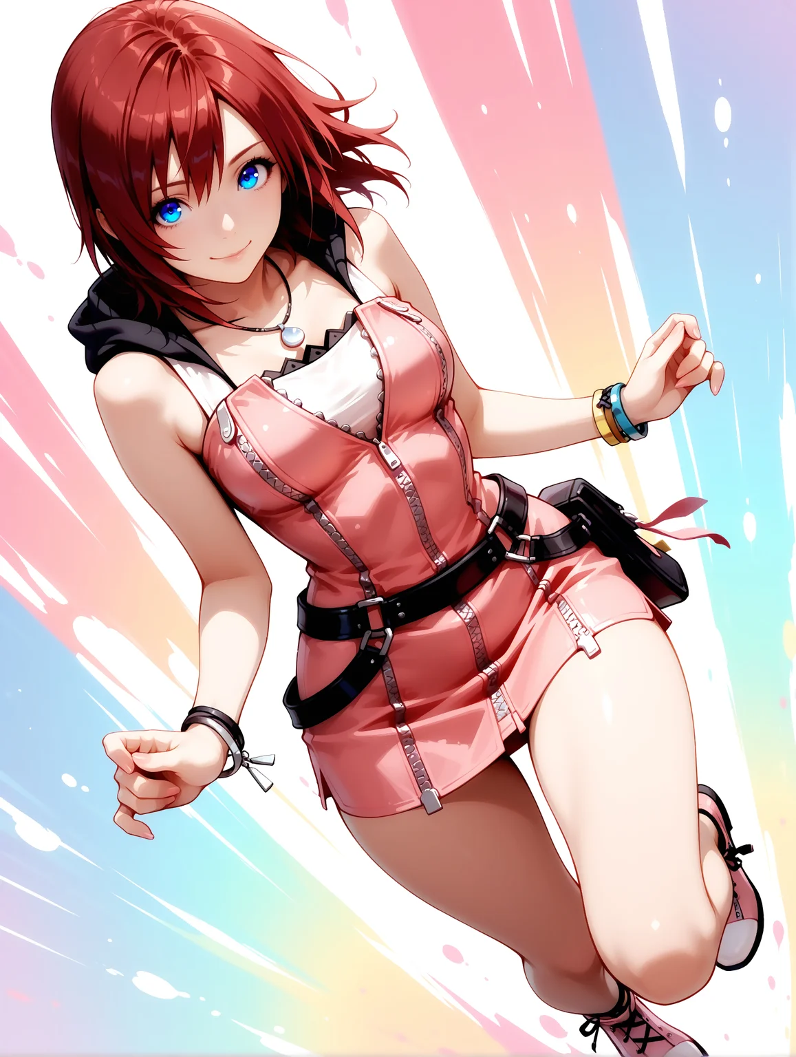 masterpiece, very aesthetic, best quality, solo, amazing quality, dynamic angle, 21 years old, imtdkairi2, 1girl, full body, red hair, brown hair, blue eyes, dress, necklace, short hair, sleeveless, zipper, belt, medium breast, hood, pink dress, short dress, bracelet, bangs, bare shoulders, hood down, sleeveless dress, zipper pull tab, hands on wips, wide hips, wide thighs, smile, closed mouth, too many colors background